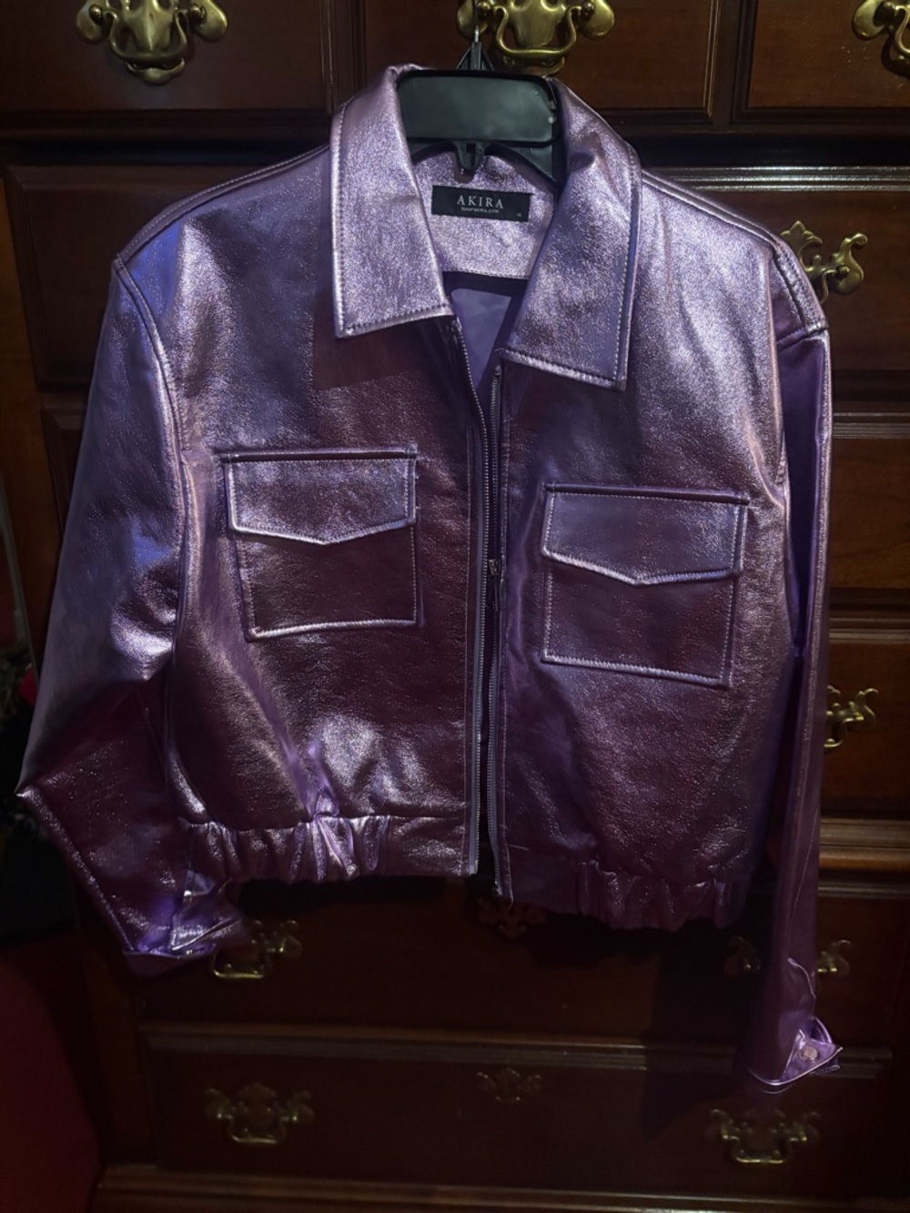 AKIRA Metallic Purple Cropped Leather Bomber Jacket